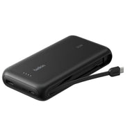 Explore the Belkin 20,000mAh Power Bank with Integrated Cable and 30W Output, featuring a sleek black design for ultimate portability and convenience.
