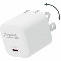 30W GaN USB C Charger by Plugable Technologies - Compact PPS Fast Charger designed for iPhone 16, iPad Pro, and Samsung Galaxy S23, featuring a sleek white design and foldable prongs for easy portability.