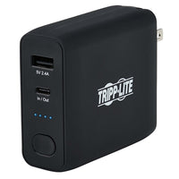 Eaton TrippLite VoltGo 5000mAh Power Bank, featuring dual USB ports for fast mobile device charging, showcasing its compact design and black finish.