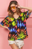 Trendy Tie Dye Print V-Neck Top in Soft Cotton - Chic Jersey Stitched Design - Store 42