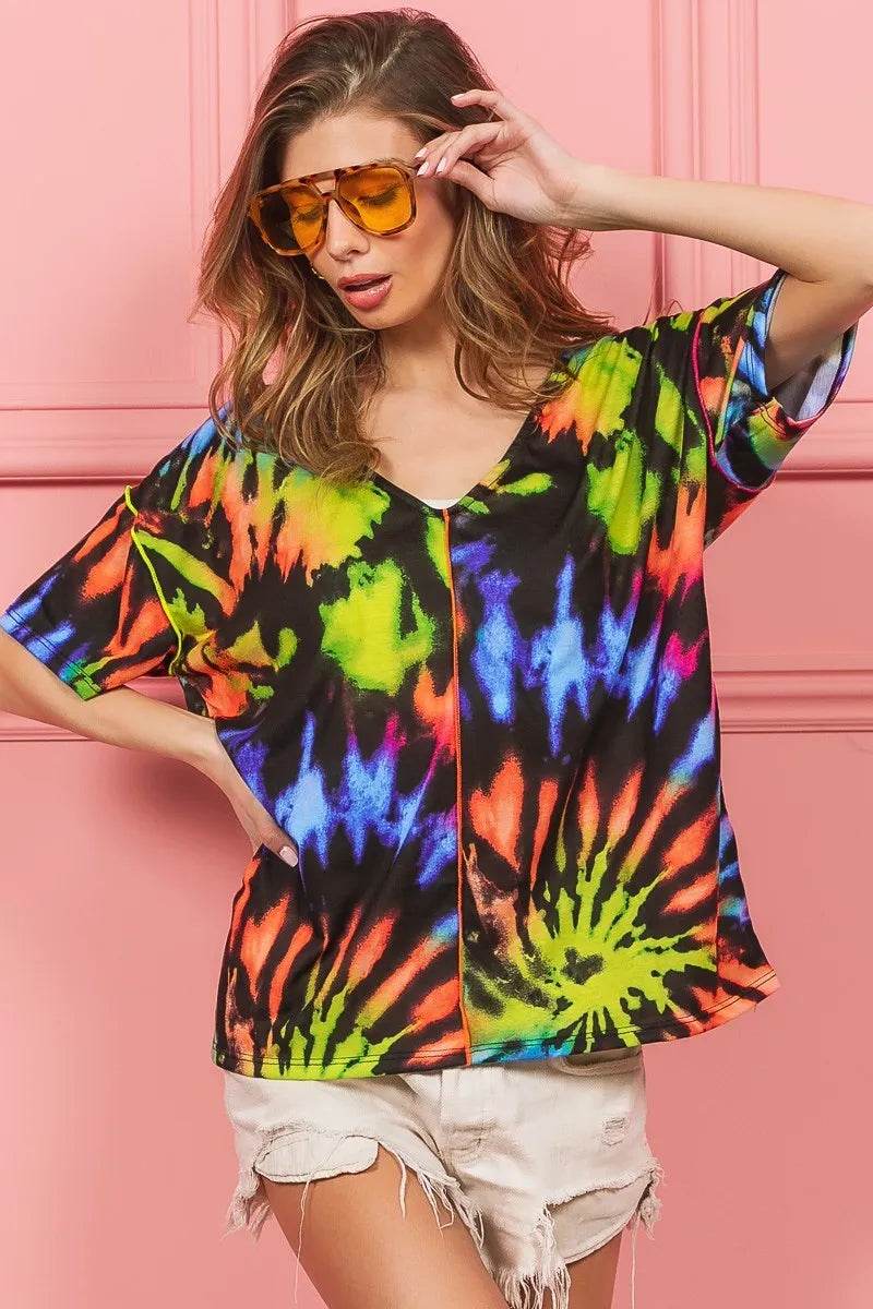 Trendy Tie Dye Print V-Neck Top in Soft Cotton - Chic Jersey Stitched Design - Store 42