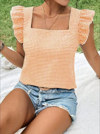 Ruffle Sleeve Gingham Square Neck Top