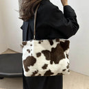 Large Cow Print Furry Tote Bag - Stylish Faux Fur, PU Leather, and Polyester Material - Store 42