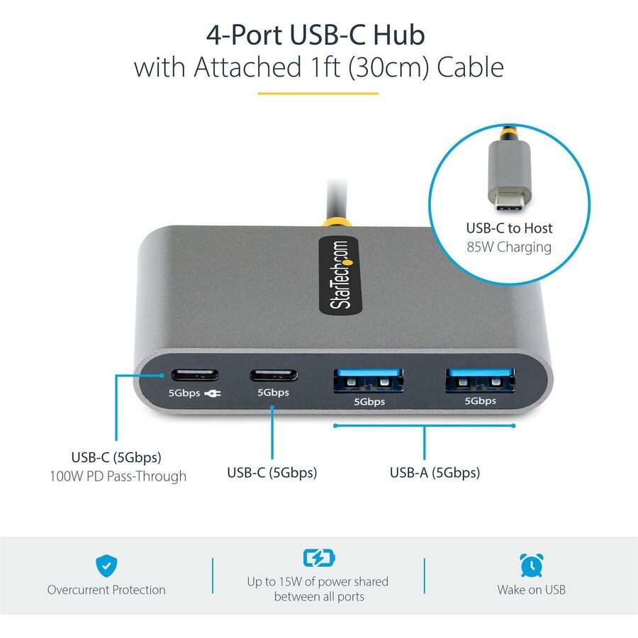 StarTech.com 4-Port USB-C Hub with 100W Power Delivery Pass-Through, 2x USB-A + 2x USB-C, 5Gbps, 1ft/30cm Long Cable, Portable USB 3.0 Hub