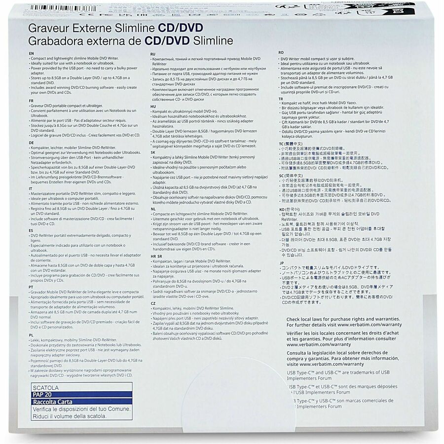 Verbatim External Slimline CD/DVD Writer with USB Power, M-Disc Ready, Nero Software, Compact Design