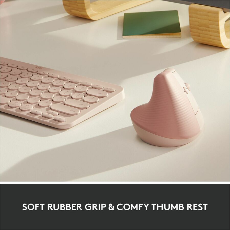 Logitech Lift Vertical Ergonomic Mouse, Wireless, Bluetooth or Logi Bolt USB receiver, Quiet clicks, 4 buttons, Rose