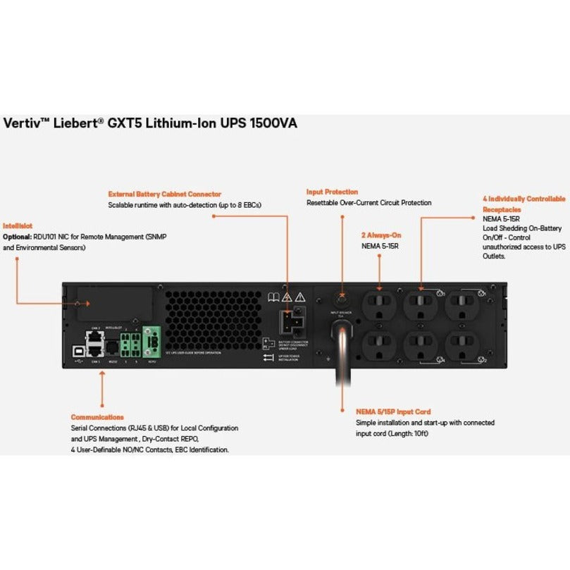 Vertiv Liebert GXT5 Lithium-Ion N Online UPS 1500VA/1350W 120V Tower/Rack UPS