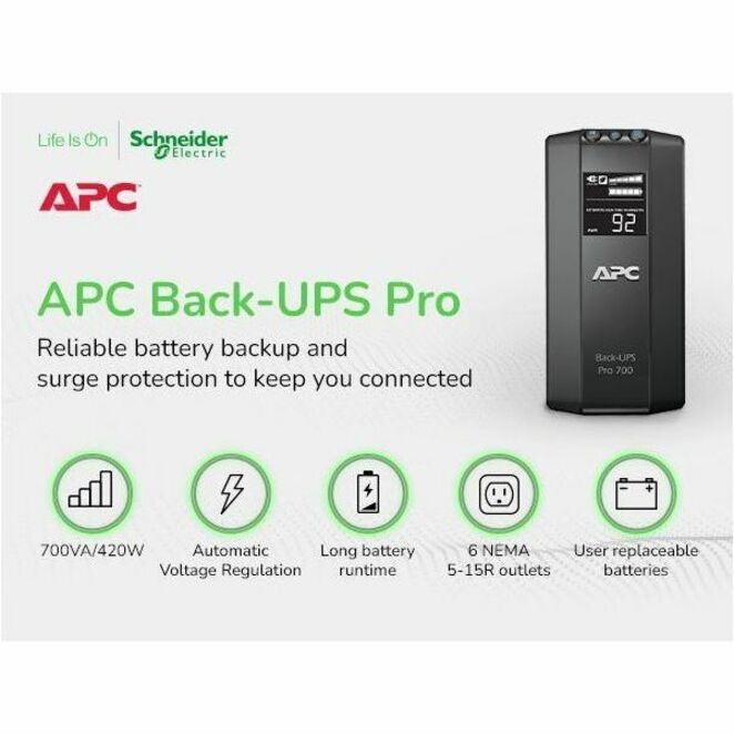 APC Back-UPS Pro, 700VA/420W, Tower, 120V, 6x NEMA 5-15R outlets, AVR, LCD, User Replaceable Battery