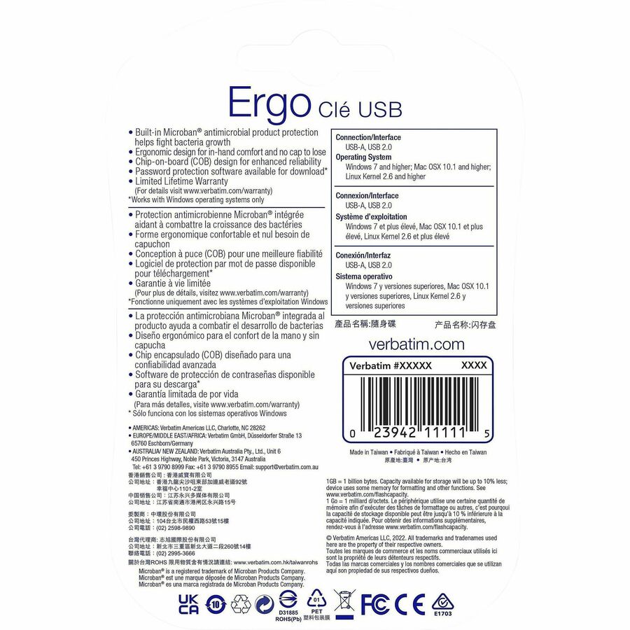 Verbatim 32GB Ergo USB Flash Drive, Ergonomic Design, USB 3.0, Antimicrobial Protection, Reliable Data Storage