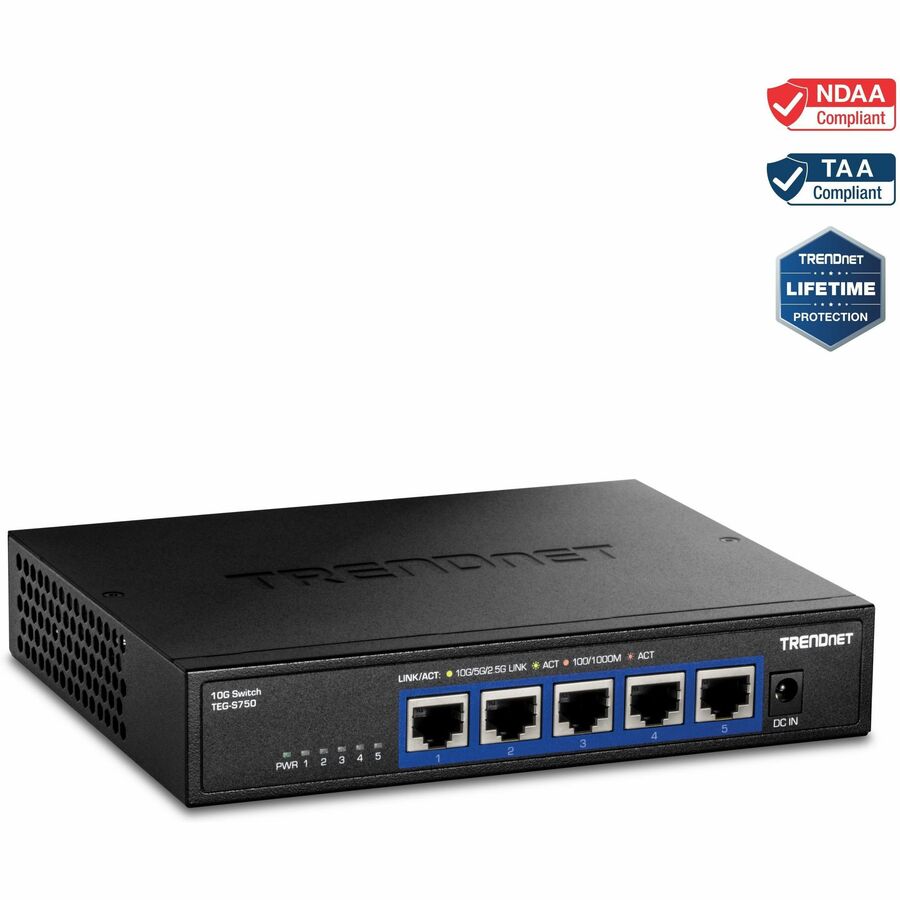 TRENDnet TEG-S750 5-Port 10G Switch, 100Gbps Capacity, Fanless Design, 2.5G/5G Support