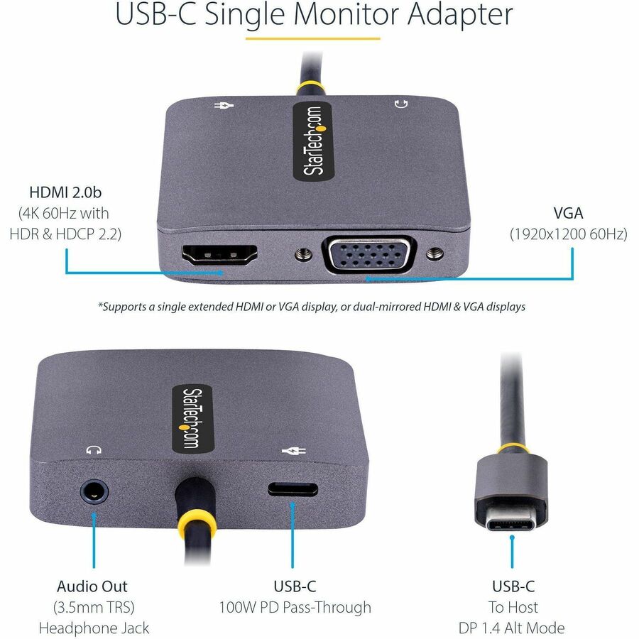 StarTech.com USB C Video Adapter, USB C to HDMI VGA Multiport Adapter, 3.5mm Audio, 4K 60Hz HDR, 100W PD 3.0 PT, USB C Display Adapter