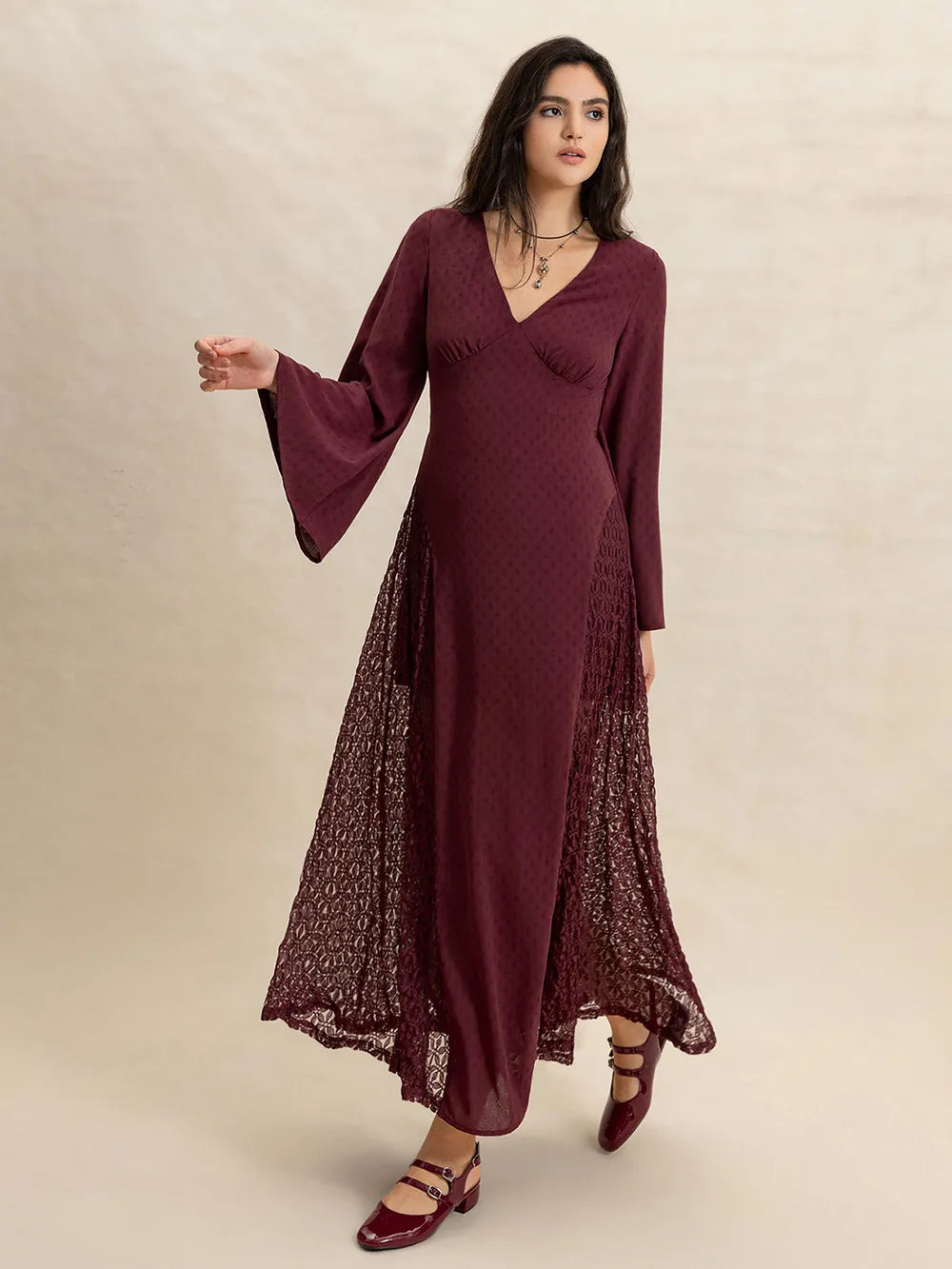 Lace Patchwork V-Neck Long Sleeve Midi Dress - Semi-Sheer, Slightly Stretchy, Lined