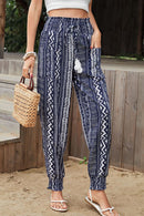 Perfee Geometric Print Tassel High-Rise Pants Dark Blue