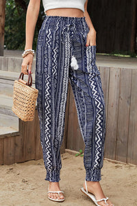 Perfee Geometric Print Tassel High-Rise Pants Dark Blue