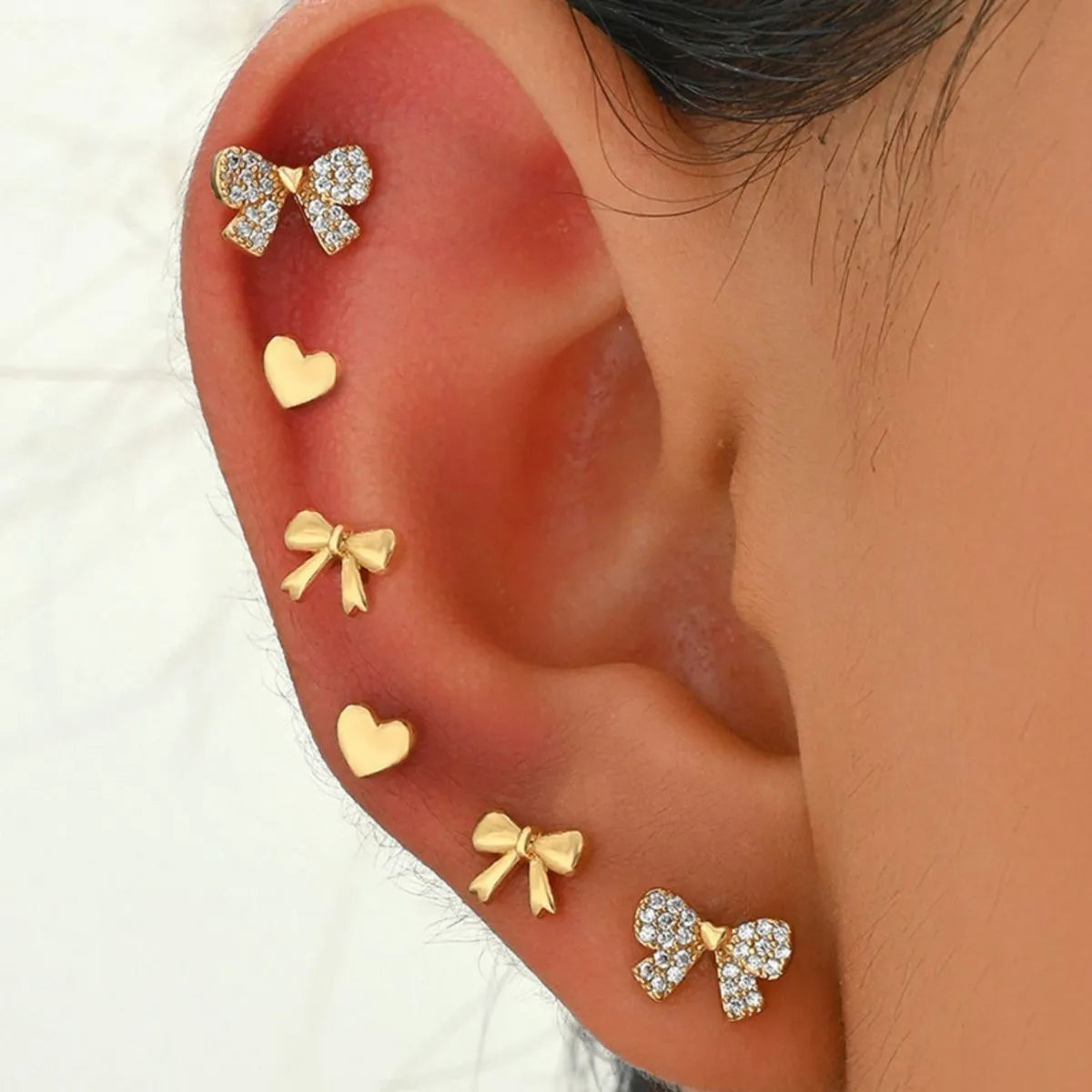 6-Piece 18K Gold-Plated Bow & Heart Stud Earrings Set with Rhinestones