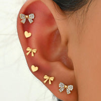 6 Piece Bow Heart Stud Earrings Set Gold One Size