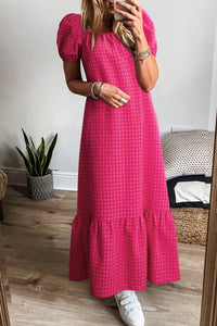 SYNZ Gingham Check Bubble Sleeve Ruffled Maxi Dress Strawberry