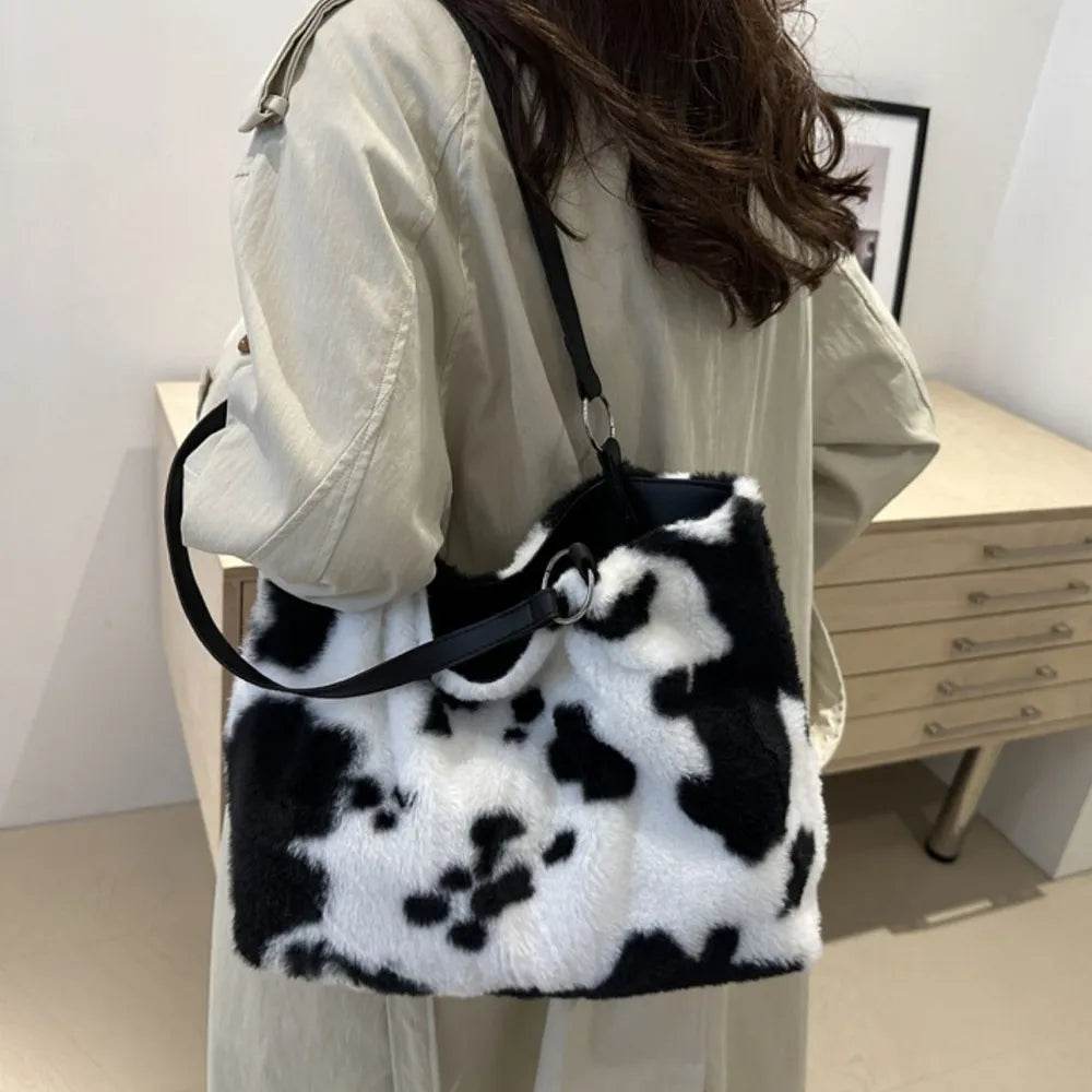 Large Cow Print Furry Tote Bag - Stylish Faux Fur, PU Leather, and Polyester Material - Store 42