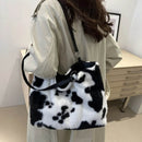 Large Cow Print Furry Tote Bag - Stylish Faux Fur, PU Leather, and Polyester Material - Store 42