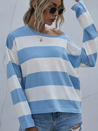 Striped Casual Long Sleeve Knit Top Blue