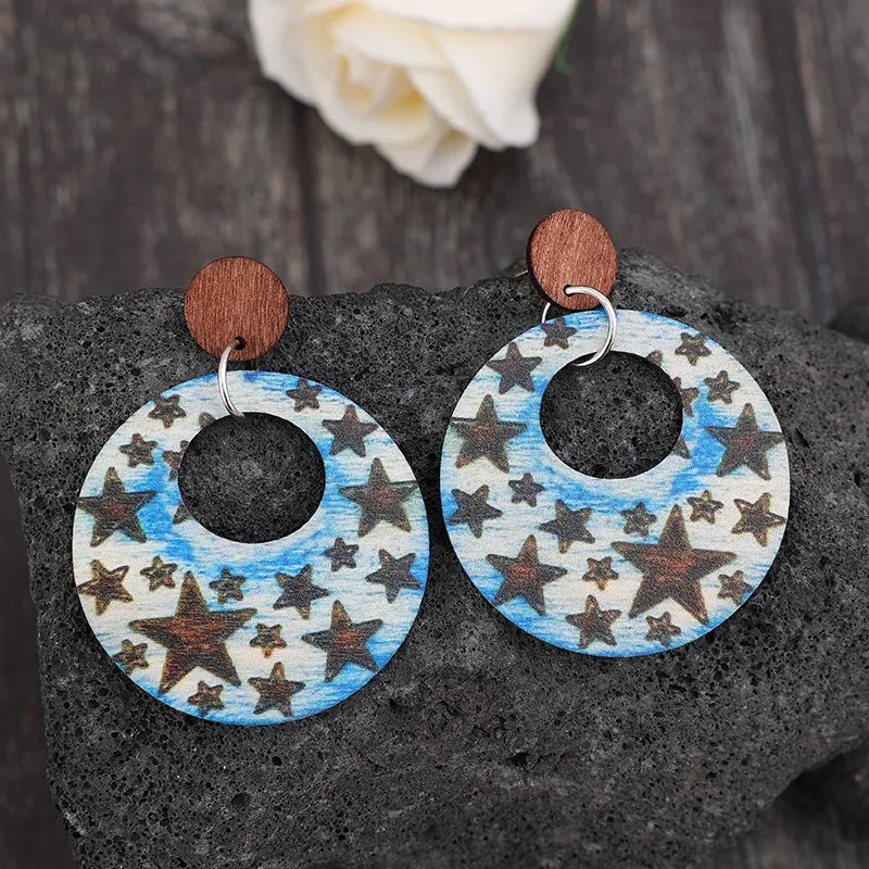 Trendsi Cutout Star Print Wooden Dangle Earrings - Lightweight & Stylish for Everyday Wear