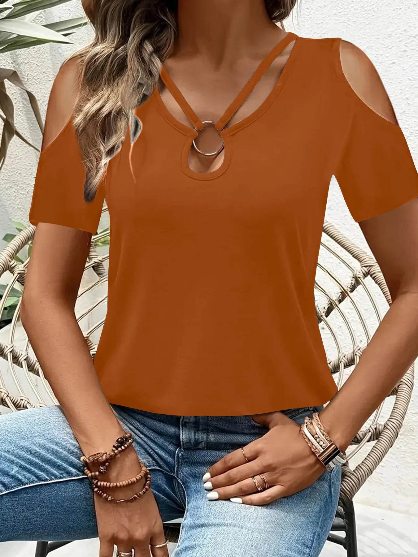 Sleek Cold Shoulder T-Shirt With Eye-Catching Metal Ring Detail - 95% Polyester, Slightly Stretchy - Store 42