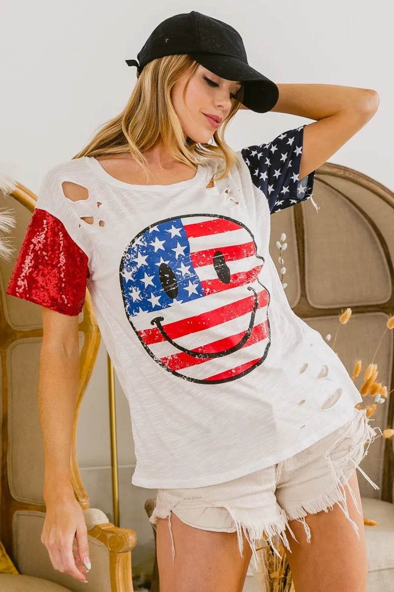 BiBi Fourth Of July Top With Laser Cut And Smile Face - Store 42