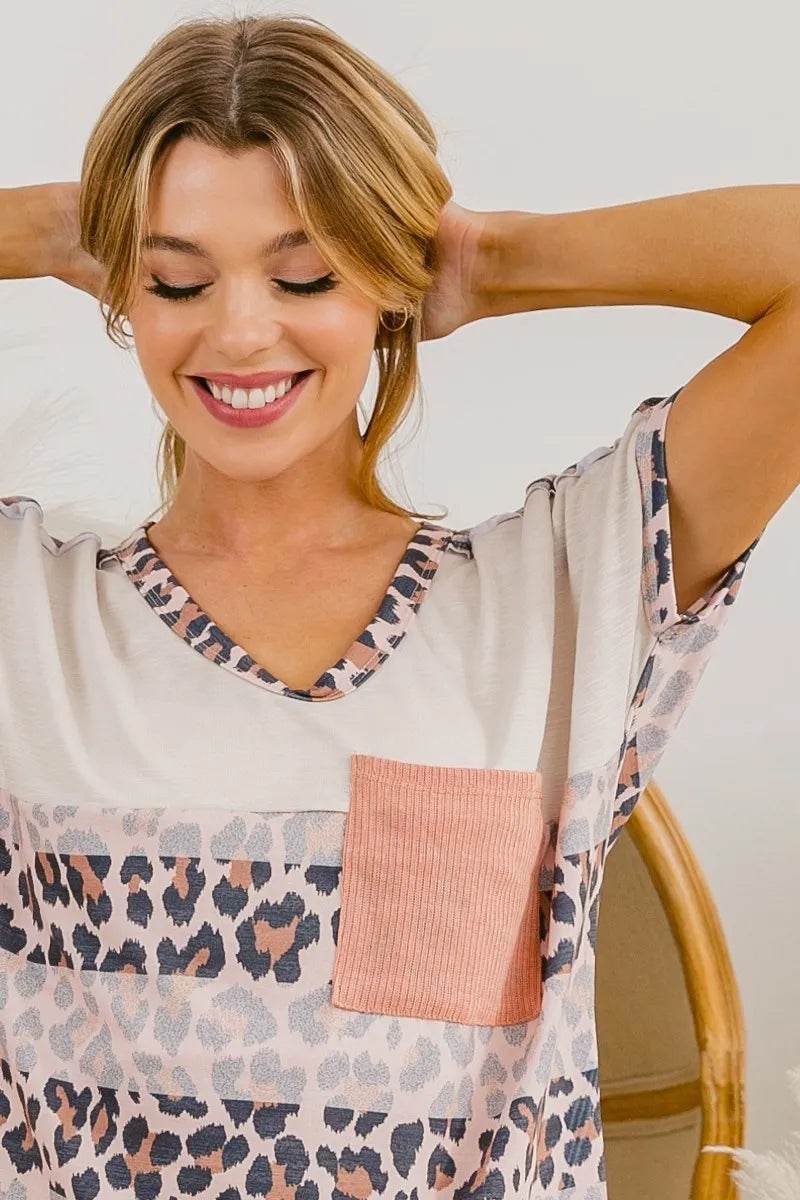 BiBi Leopard Stripe with Slub Terry Color Block T-Shirt - Store 42