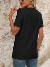 Stylish Eyelet Notched Top with Decorative Buttons - Short Sleeve & Slightly Stretchy, Opaque Fabric - Store 42