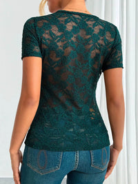 Sheer Lace V-Neck Short Sleeve Top for Women - Slightly Stretchy, Elegant Style - Store 42