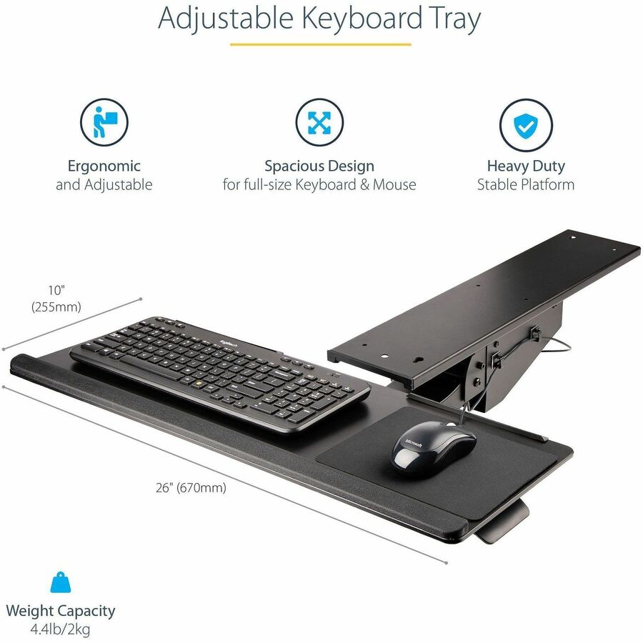 StarTech.com Under Desk Keyboard Tray, Height Adjustable Keyboard and Mouse Tray (10" x 26"), Ergonomic Computer Keyboard Tray w/Mouse Pad