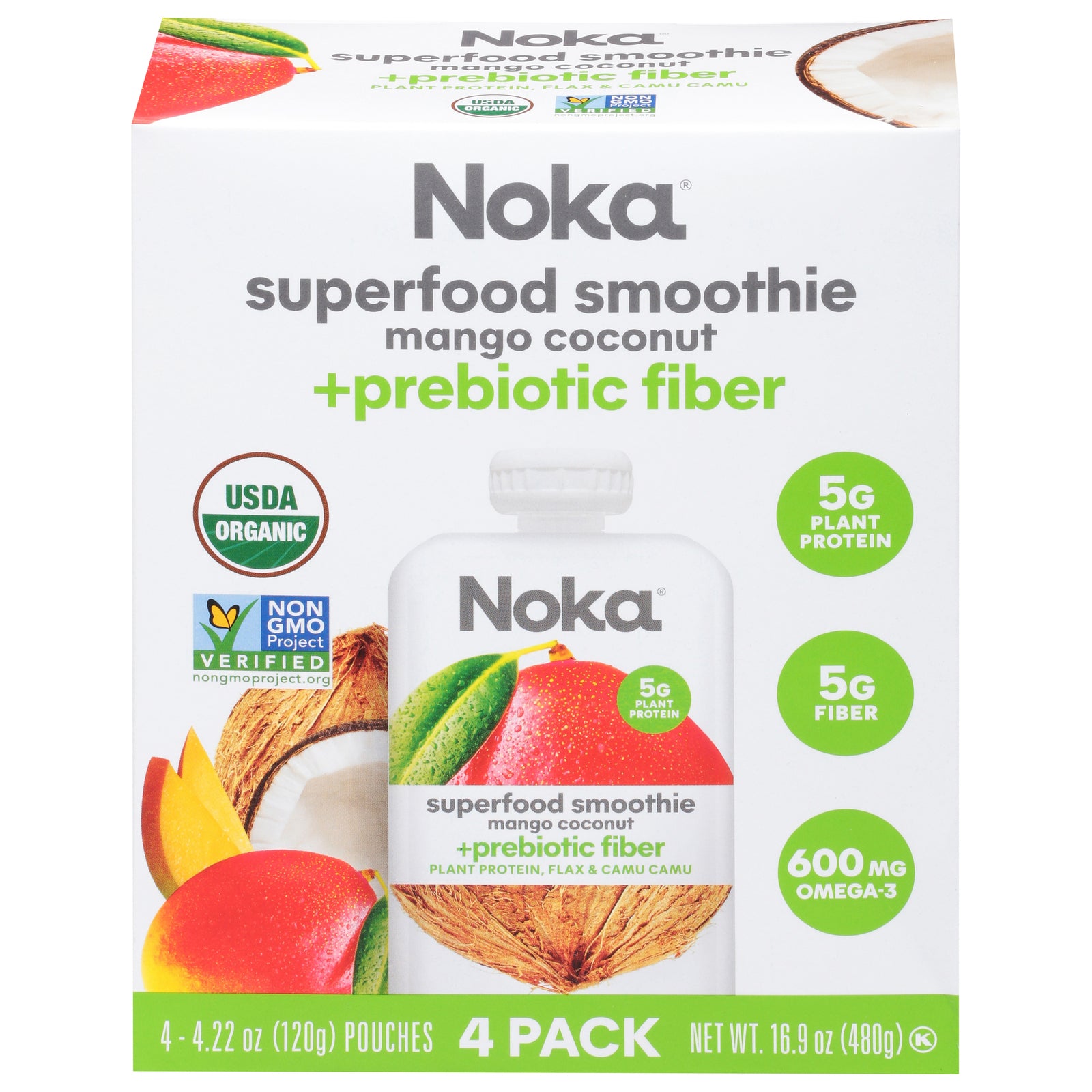 Noka 4-Pack Sprouted Smooth Mango Coconut Plant-Based Smoothies - Organic & Gut Health Support