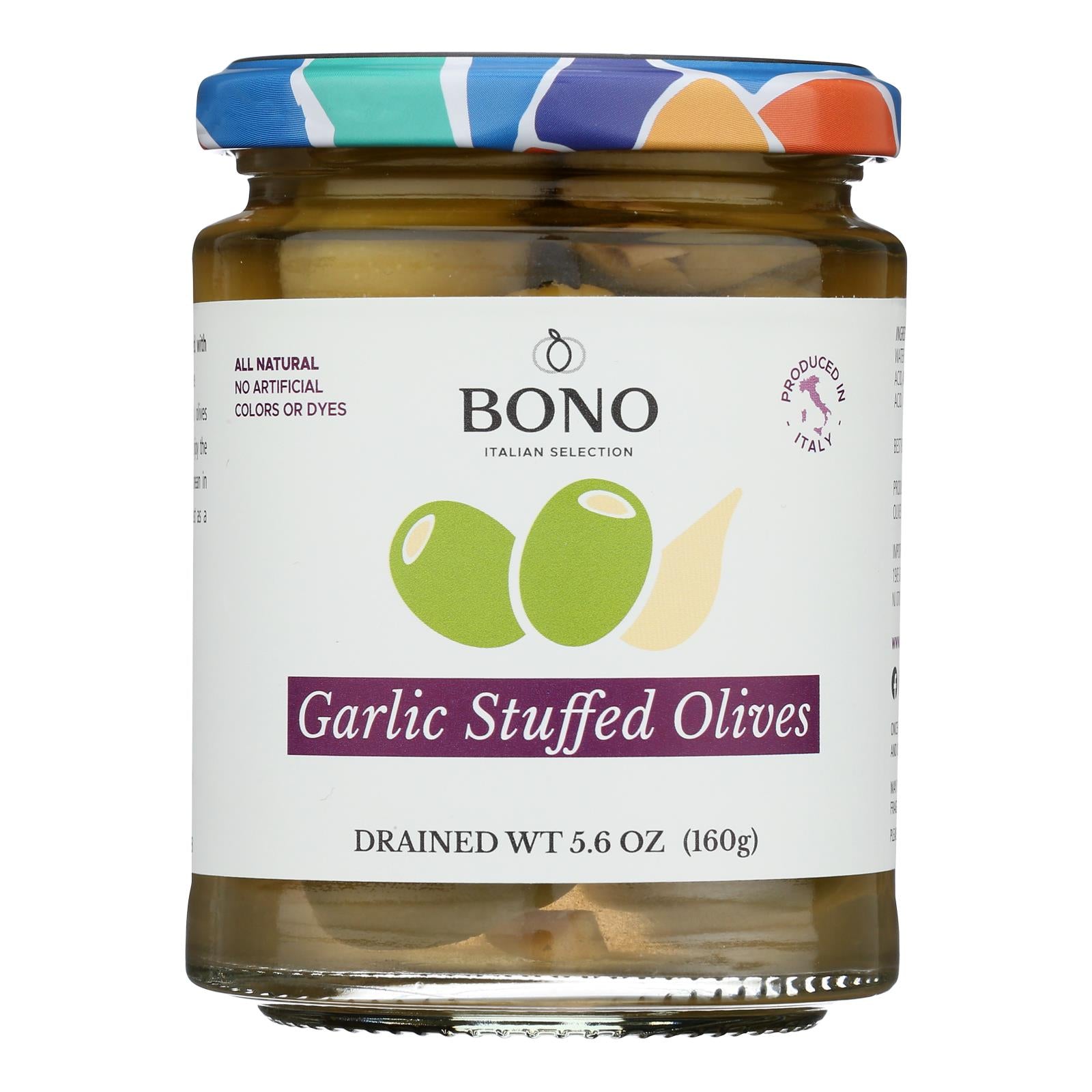 Bono Garlic Stuffed Olives - Case of 6 Jars, 5.6 Oz Each - Gourmet Snack Delight