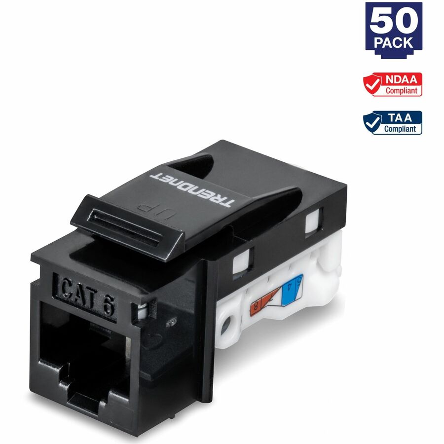 TRENDnet Cat6 RJ45 Keystone Jack 50-Pack for Up to 10Gbps Speeds, Tool-Less Design, Black