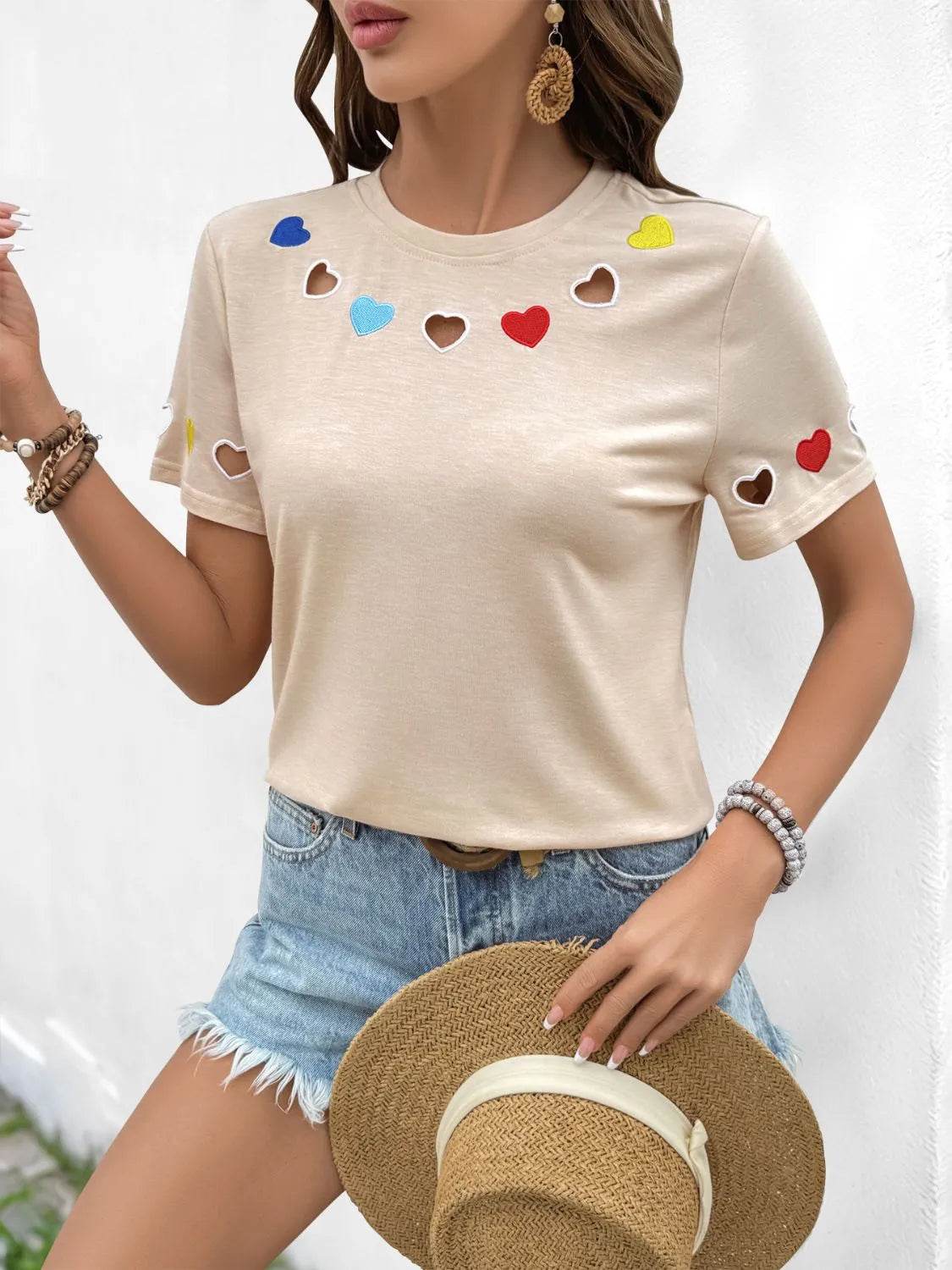 Heart Cutout Short Sleeve T-Shirt - Slightly Stretchy, Soft Polyester Blend Top