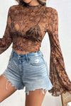 Printed Mock Neck Flare Sleeve Top Brown