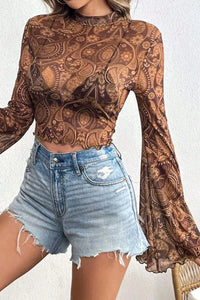 Printed Mock Neck Flare Sleeve Top Brown
