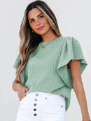 Stylish Round Neck Ruffle Sleeve Top - Slightly Stretchy, 65% Viscose & 35% Polyester, Machine Washable - Store 42