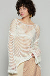 POL Side Slit Openwork Long Sleeve Knit Cover Up Cream