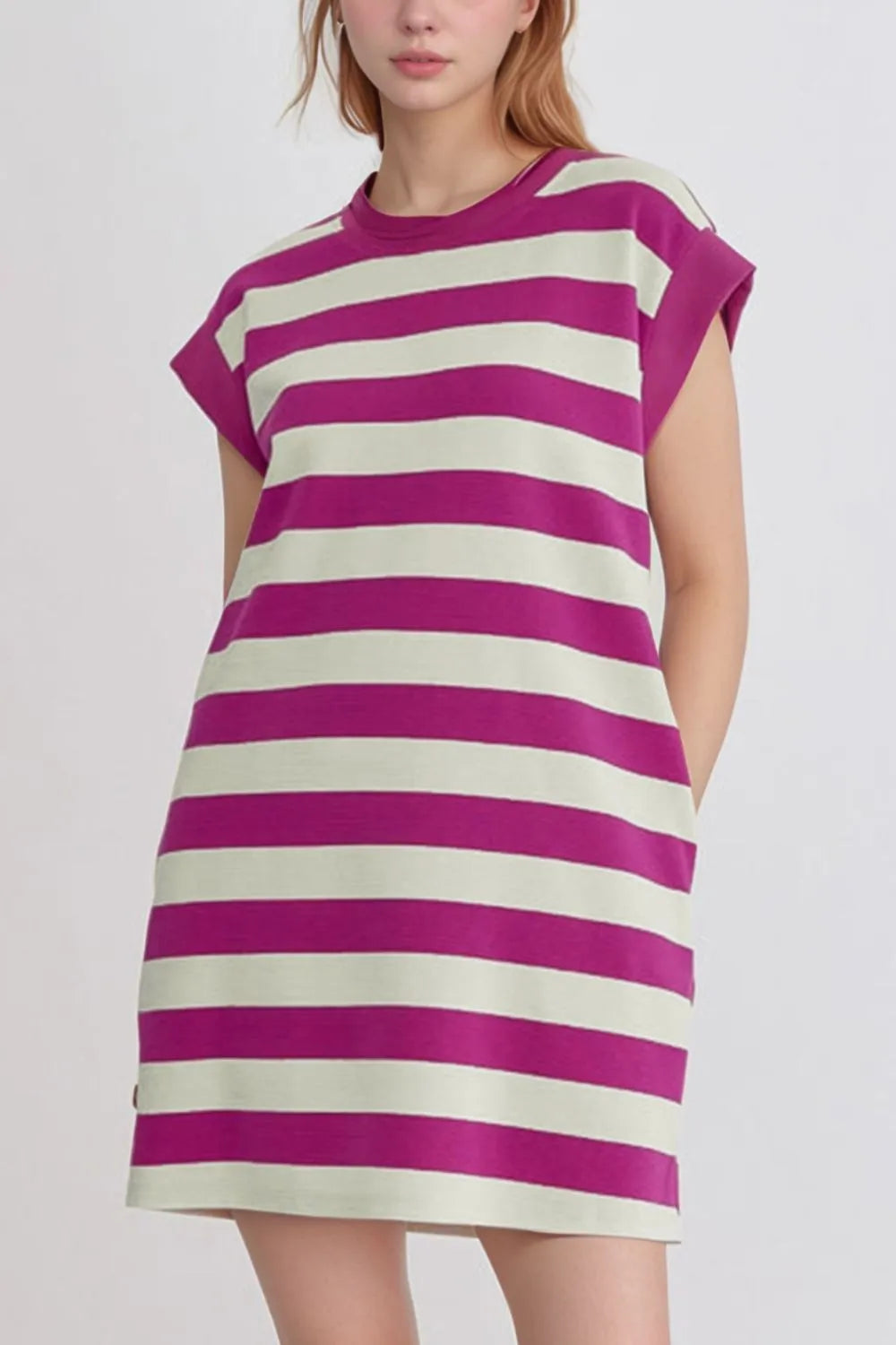 Stripe Cap Sleeve Shift Tee Dress with Pockets - Stylish & Comfortable Casual Wear