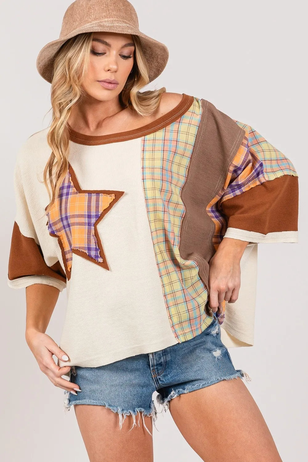 SAGE + FIG Full Size Round Neck Plaid Star Patch T-Shirt Plus Size