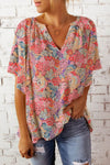 Floral Notched Neck Long Sleeve Flutter Blouse - Casual 100% Polyester Top by Trendsi - Store 42