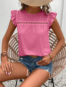 Elegant Eyelet Round Neck Cap Sleeve Top - 95% Polyester, No Stretch, Imported - Store 42