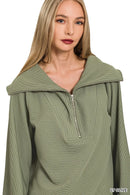 Zenana Ribbed High Neck Half Zip Pullover & Pants Set