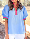Contrast Trim Notched Short Sleeve Blouse Light Blue