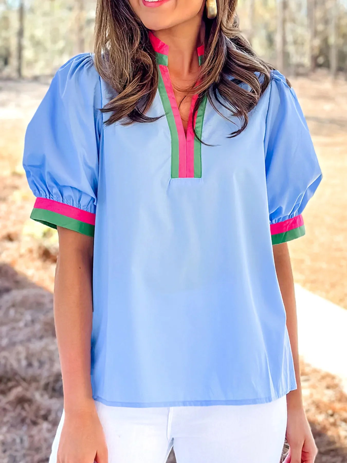 Contrast Trim Notched Short Sleeve Blouse Light Blue