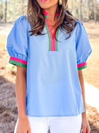 Contrast Trim Notched Short Sleeve Blouse Light Blue