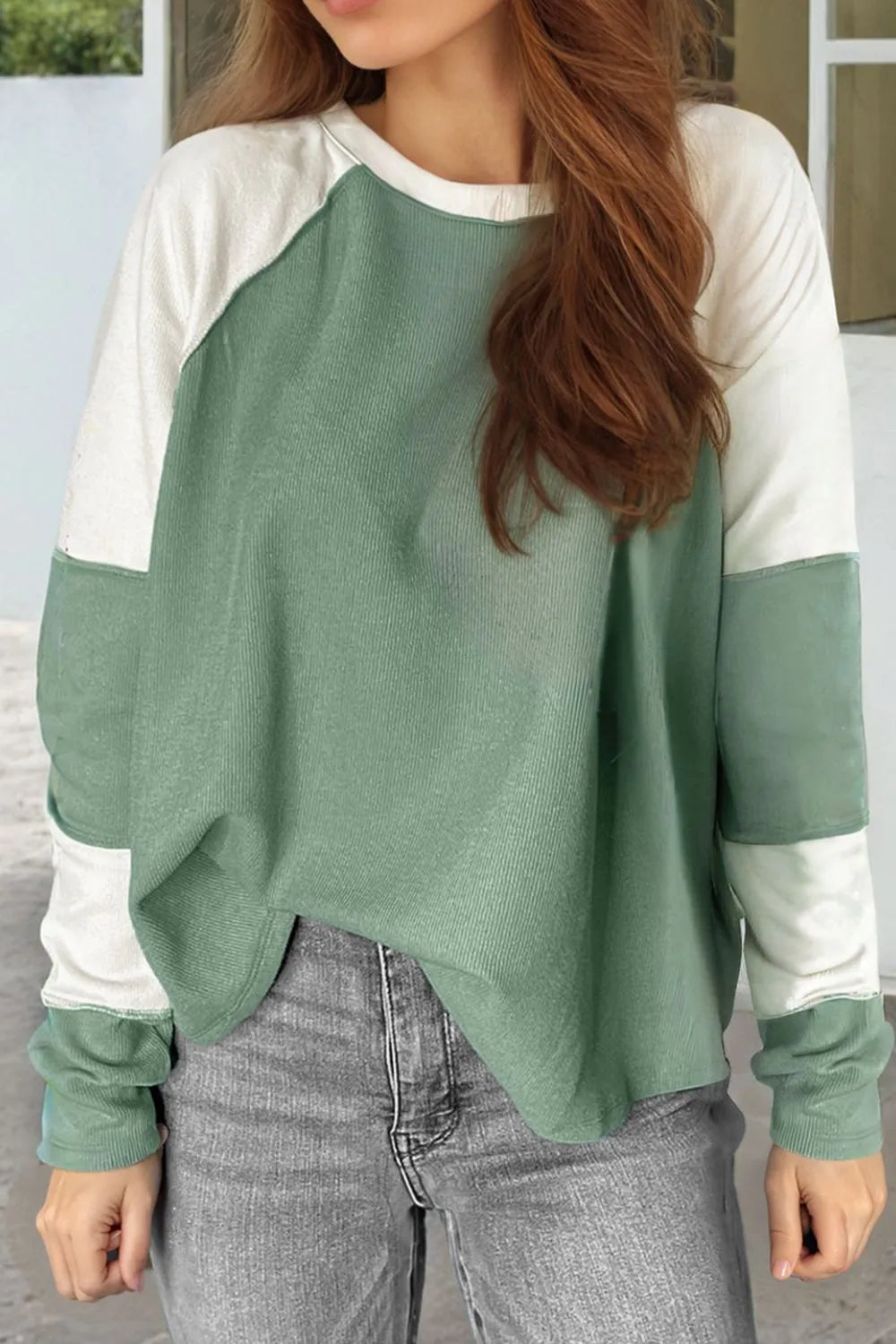 Trendsi Color Block Round Neck Raglan Sleeve Top with Exposed Seams - Opaque Stretch Fabric
