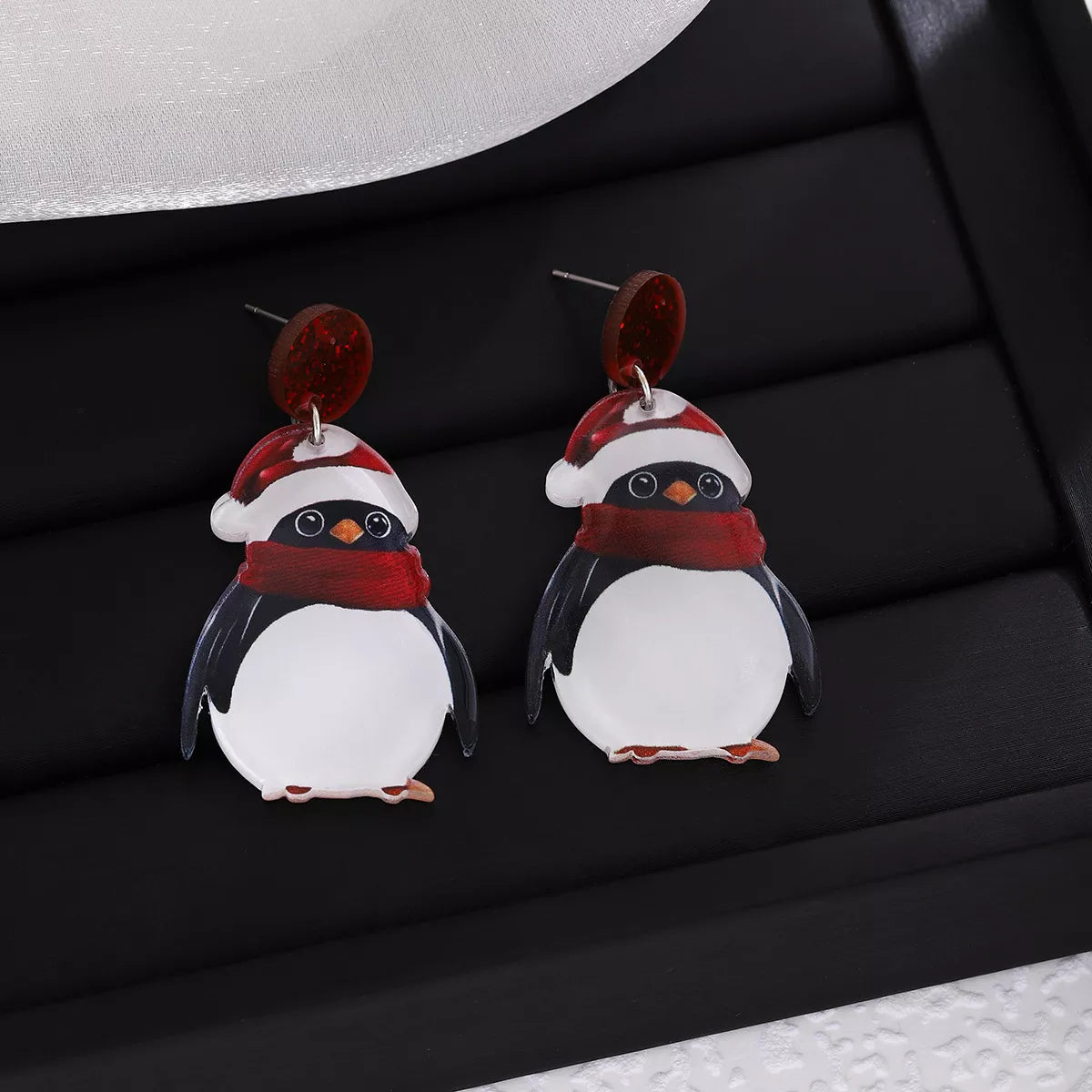 Festive Christmas Penguin Holiday Earrings with Santa Hat - Acrylic & Stainless Steel Pair