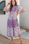 Mixed Floral Print Tie Neck Short Sleeve Dress Floral